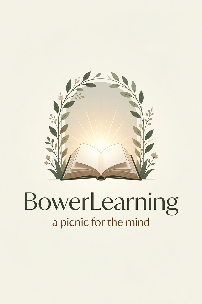 Bower Learning — an open book beneath an arch of leaves. A picnic for the mind.